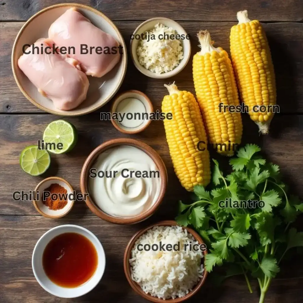 Ingredients for making street corn chicken rice bowl